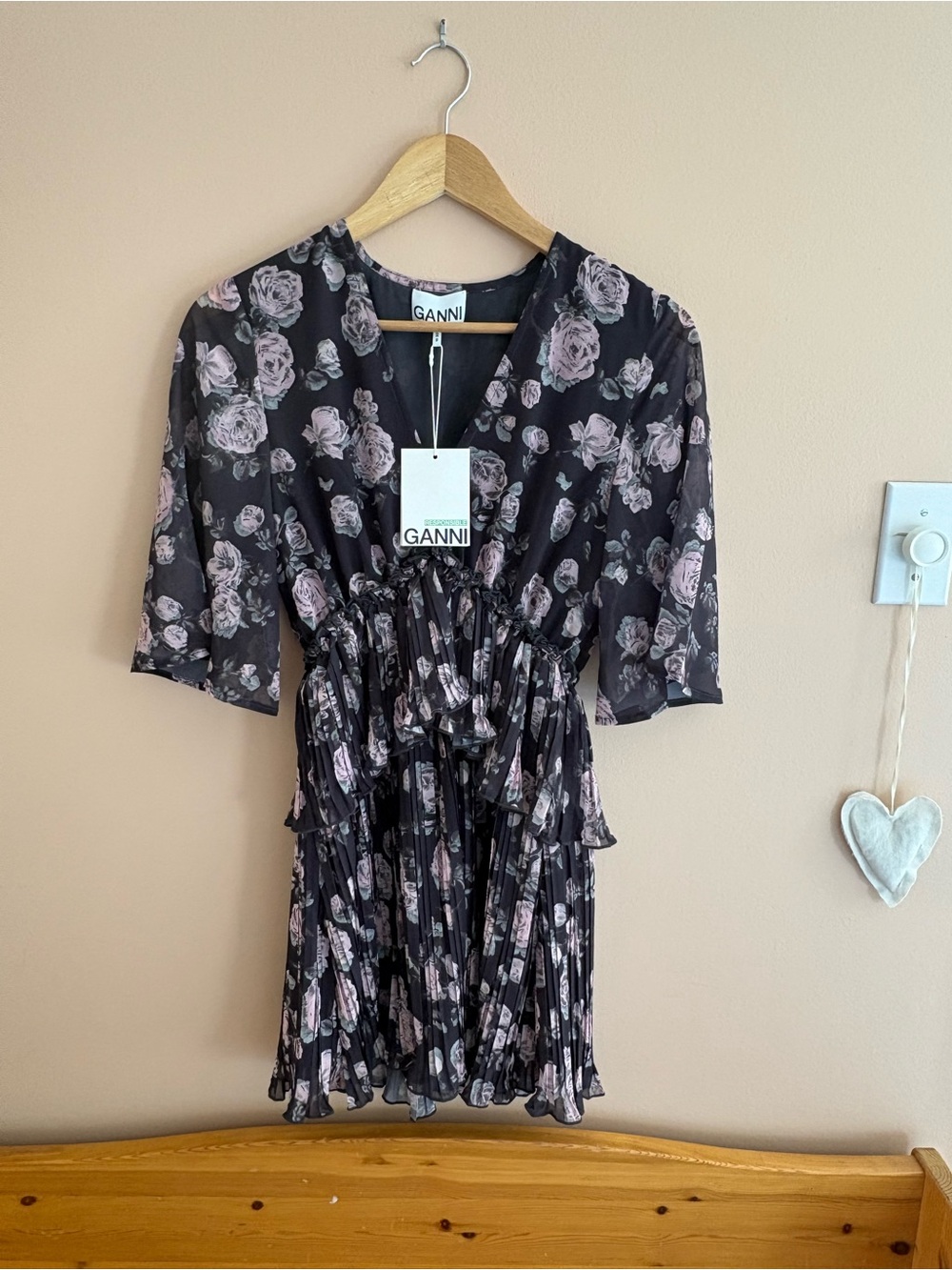 Ganni Black Mini Dress with Pink Floral Print - Picture 3 of 5